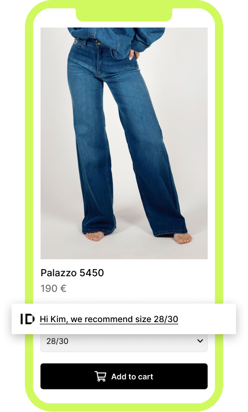 Online fashion product page showing a Zizr size recommendation close to the size selector.