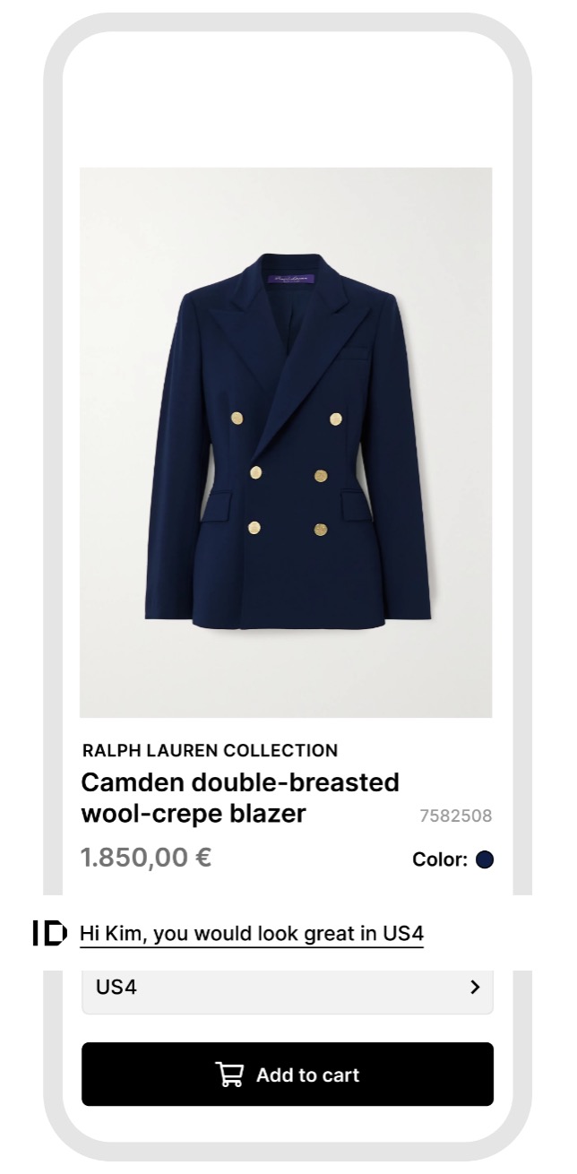 Zizr size recommendation shown beside the size selector on a fashion product page.